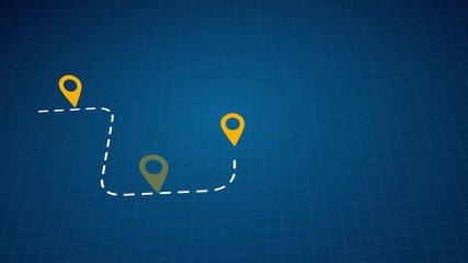 Animation of city map with pin pointers, GPS travel and navigation concept.Track point navigator on tracing paper. the path traveled on the map. Screen navigator