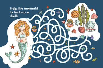 Educational funny game for children. Labyrinth puzzle for kid. Print and play. Cartoon vector illustration. Sea mermaid girl, underwater summer art.