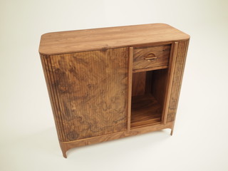 Original designer chest of drawers made of natural wood in its entirety, as well as its details on a white background, from different angles.