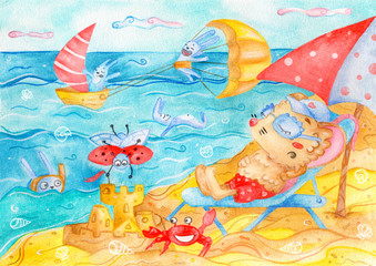 watercolor illustration "July": beach is fun