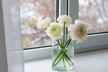 bouquet of white ranunculus in a glass vase on the windowsill