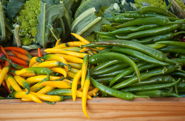 background of closeup cabbage, yellow and green  hot peppers.