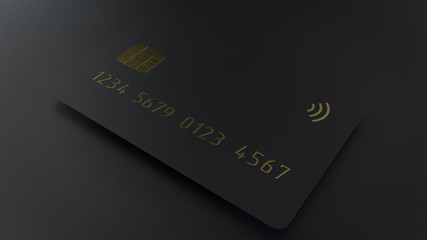 3d render of black bank credit card isolated on a black background with gold detail embossing.