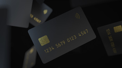3d render of the black credit cards flying in the space isolated on a black background with gold detail embossing and depth of field.