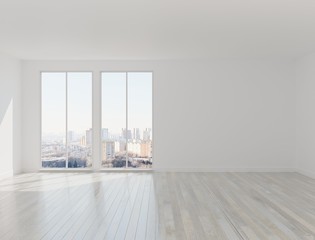 Empty room with panoramic windows. Wooden parquet floor. White walls. 3D rendering.
