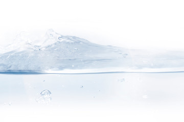 blue liquid water drop splashing fresh surface splash of wave oxygen bubbles on white background