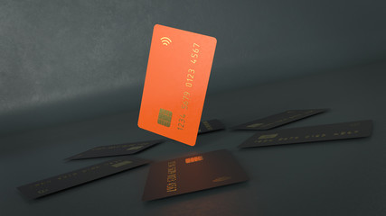 3d render of black credit cards lying around an orange credit card in the center of composition on a black background with depth of field.