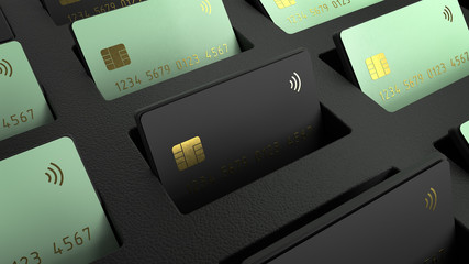 3d render of the black and green credit cards with grid structures isolated on a black background with gold detail embossing and depth of field.