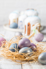 Easter table with Easter eggs over white background