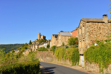 Fototapeta na wymiar Najac (12270) et son château depuis la D39, département de l'Aveyron en région Occitanie, France