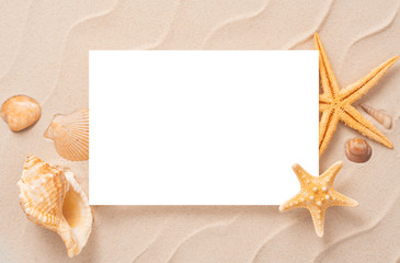 Fototapeta na wymiar Minimal exotic concept with copy space. summer beach background, Sand, shells, Seastar vacation and travel concept, Flat lay top view