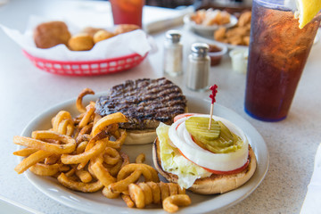 burger with curly fries