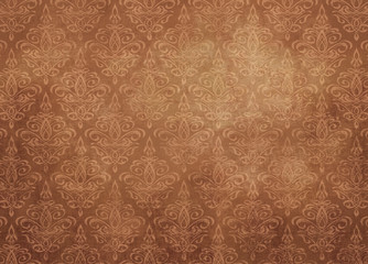 Warm Saturated Earth Brown Damask Wallpaper Pattern Texture With Watercolor Stains