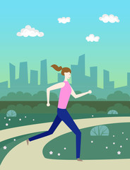 Cartoon woman  runs in park.