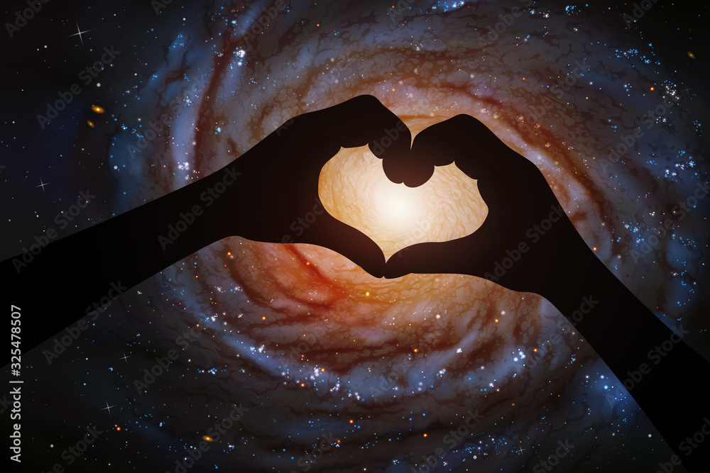 Poster spiral galaxy in heart shaped hands of astronaut in space. romantic vector illustration with hand si