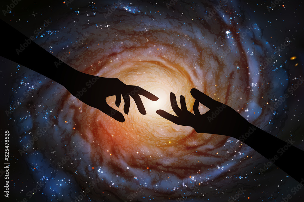Sticker reaching hands and spiral galaxy in outer space. romantic vector illustration with hand silhouette a
