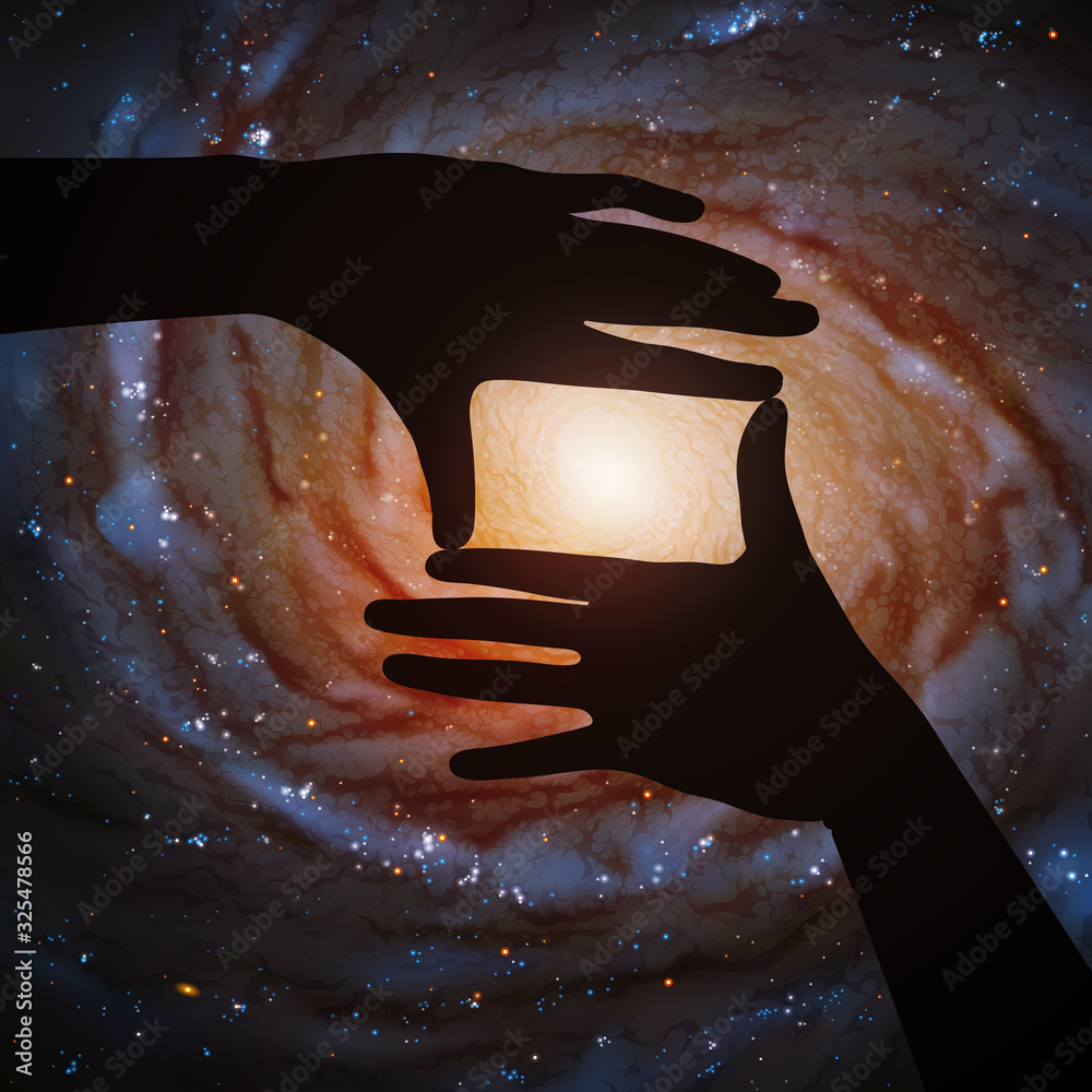Poster spiral galaxy in framing hands of astronaut in space. vector illustration with hand silhouette and a