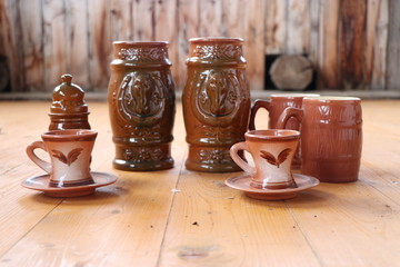 brown, old, Russian dishes, mugs and decanters