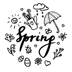 Springtime doodles. Vector design elements set with inscription Spring, flowerpot, flower, bug, rainy cloud, sun, easter eggs, umbrella and heart