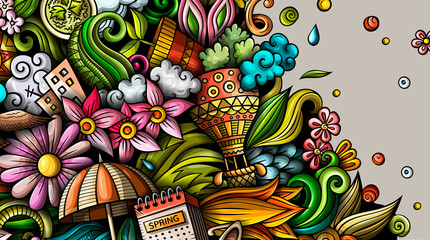 Spring hand drawn doodle banner. Cartoon detailed flyer.