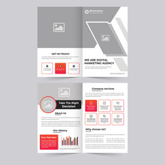 bi-fold brochure print template design with red gradient elements