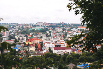 European little city view, cityscape. View on little old colorful buildings in historic centre of Chortkiv city, Ukraine. Exploring Europe