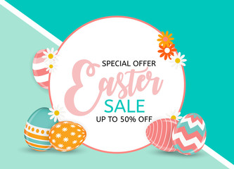 Fototapeta na wymiar Happy Easter Cute Sale Poster Background with Eggs. Vector Illustration