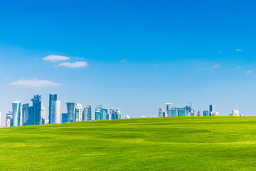 The skyline of West Bay with numerous modern fast growing skyscrapers of Al Dafna, Doha, Qatar.