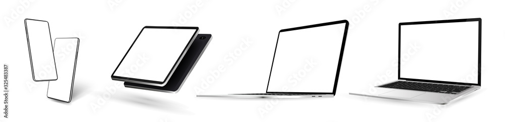 Poster Mock-ups gadget set (Smartphone, tablet, laptop, notebook). 3D realistic gadgets in perspective and isometric view.  Axonometric view of the device with blank screen for you design. Vector