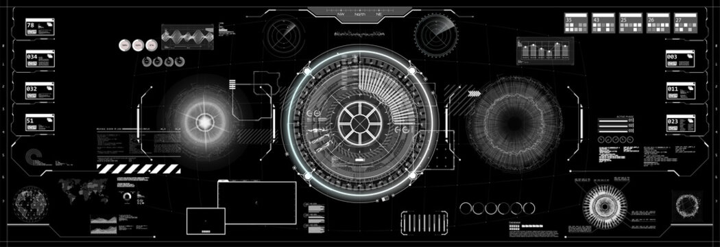 Innovation system Cockpit helmet in HUD style. Black and white futuristic VR Head-up display design. GUI, UI interface for virtual reality. Vector interface iron man, spaceship with HUD elements