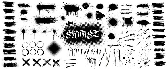 Extensive collection of black paint, great elaboration, spray graffiti stencil template ink brush strokes, brushes, lines. Paint splats blotches. Ink splashes stencil, Isolated vector set, grunge  - obrazy, fototapety, plakaty