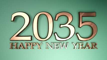 2035 Happy New Year copper write on green background - 3D rendering illustration