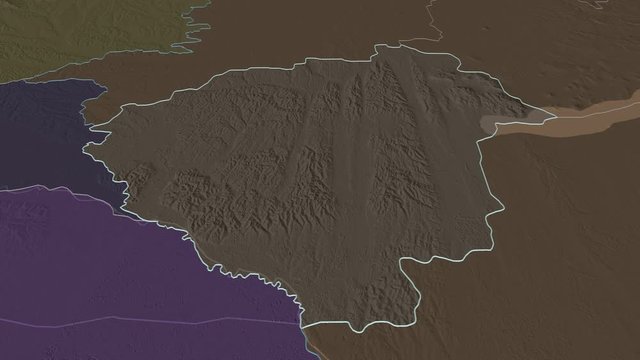 Zala, county with its capital, zoomed and extruded on the administrative map of Hungary in the conformal Stereographic projection. Animation 3D