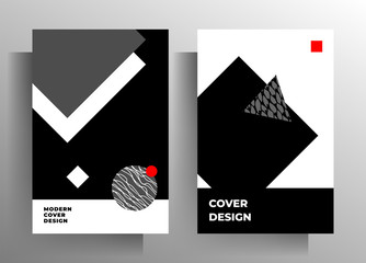 Geometric cover design for book, magazine, catalog, brochure, poster template set. Hand drawn texture black, gray, white, red. Vector 10 EPS.
