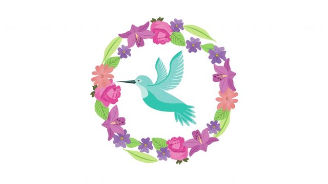 beautiful bird flying with flowers animation