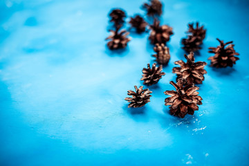 Obraz na płótnie Canvas Many pine cones abstract isolated on blue background.Christmas pine cones composition. Creative design.christmas background wallpaper. Copy space