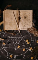Open old book with magic spells, runes, black candles on witch table. Occult, esoteric, divination and wicca concept.