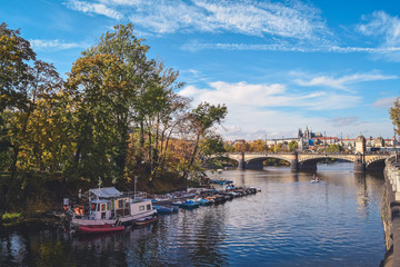 Autumn view of Prague Castle with bridges, Prague, Czech Republic