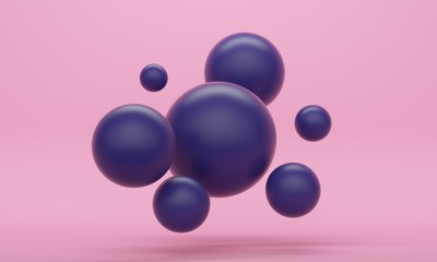 Abstract composition with lilac flying spheres on a pink background. Backdrop design for product promotion. 3d rendering