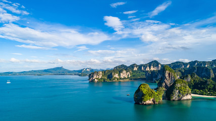 Railay beach in Thailand, Krabi province, aerial view of tropical Railay and Pranang beaches and coastline of Andaman sea from above