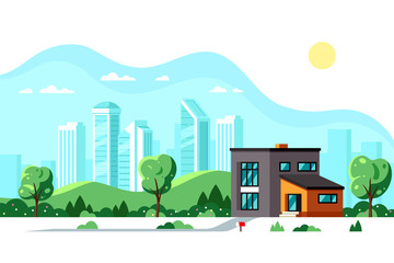 Obraz premium Modern house with big city on background