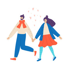 Young couple walks in winter vector illustration
