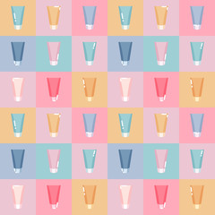 Colorful cosmetic tubes seamless pattern.  Flat style illustration. Can be used for T-shirts, fabrics, wallpapers, diaries, wrapping, decoration, adverticing and promotion in banners, flyers, posters.