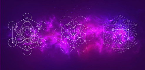 Vector cosmic illustration. Colorful space background with sacred geometry symbols