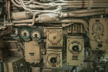 Engine room gauges in old Russian submarine