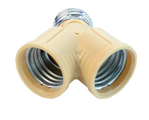 Yellow two-socket light bulb adapter. Isolated.