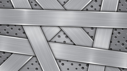 Background in silver and gray colors, consisting of a perforated metallic surface with holes and several randomly arranged intersecting polished plates with a metal texture, glares and shiny edgess