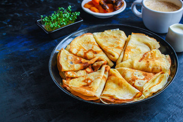 crepes Tasty dessert (thin pancakes, healthy breakfast) menu concept. background. top view. copy space