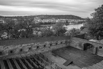 Fototapeta na wymiar View from the hill on Vltava river, Black and White, Prague, Czech Republic