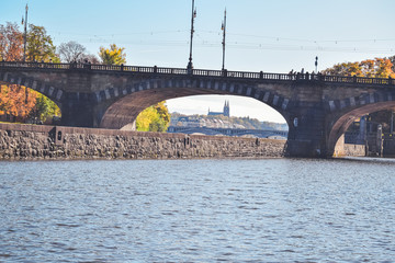 View of Vysehrad, bridges and river in Prague in autumn , Czech Republic